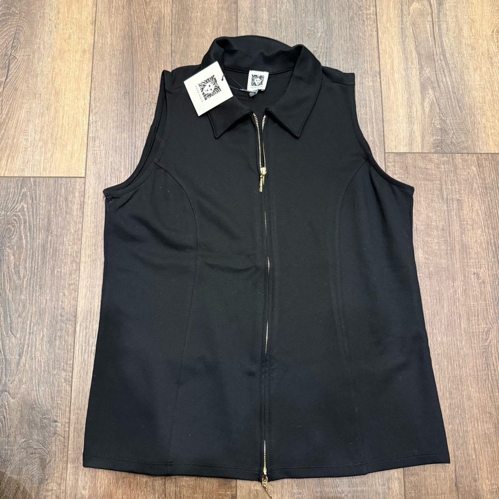 New Anne Klein sleeveless zip up blouse tank black